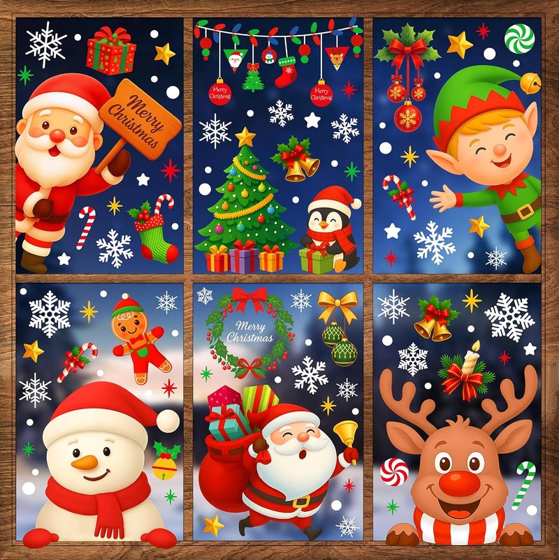 JMHACHY Christmas Window Clings - 9 Sheets 162 Pcs Cute Xmas Decorations for Winter Holiday Home Party Santa Reindeer Snowman Gingerbread Snowflake Stickers for Glass Double-Sided Static Window Decals - Image 1